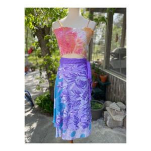 Jovani Designs Silk Blend Wrap Skirt Mix Print Beach Travel Purple Blue Sz M